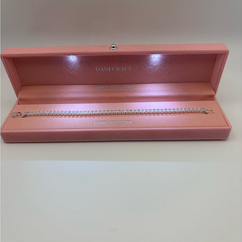 Dane Craft Fine Silver Plated CZ Tennis Bracelet in Pink Light Up Box